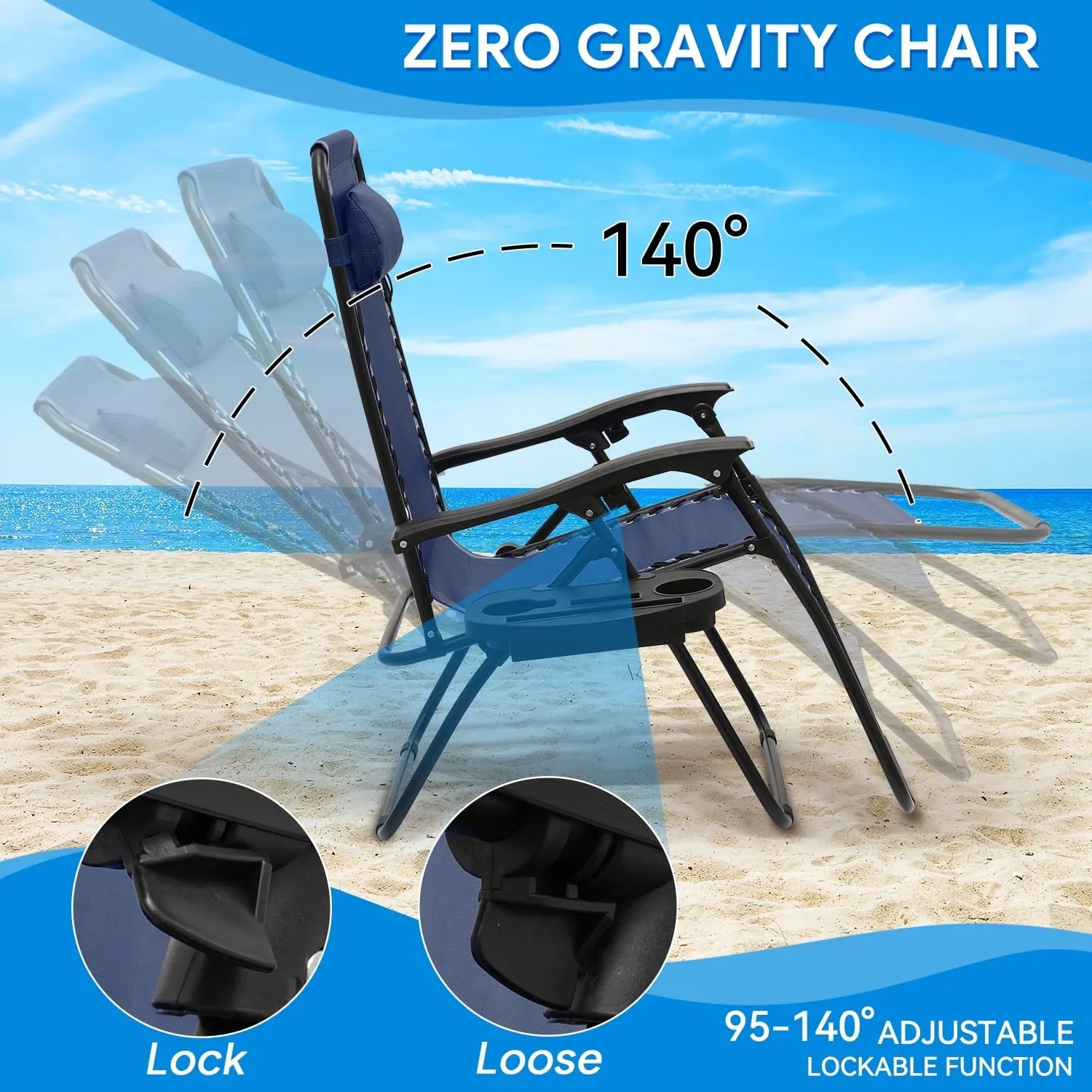 2 pcs Oversized Zero Gravity Lounge Chair, XL Foldable Patio Recliners with Cup Holder Tray & Ergonomic Headrest for Outdoor, Beach, CAAP-BCC-C2P-NB-29