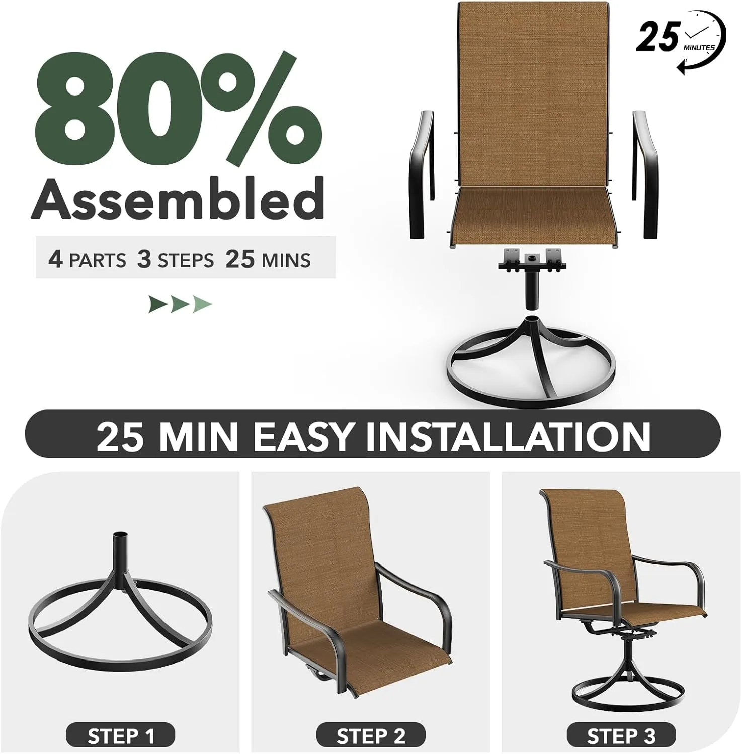 2 Piece Outdoor Swivel Patio Dining Chairs Set with Rocking and Yellow Sling