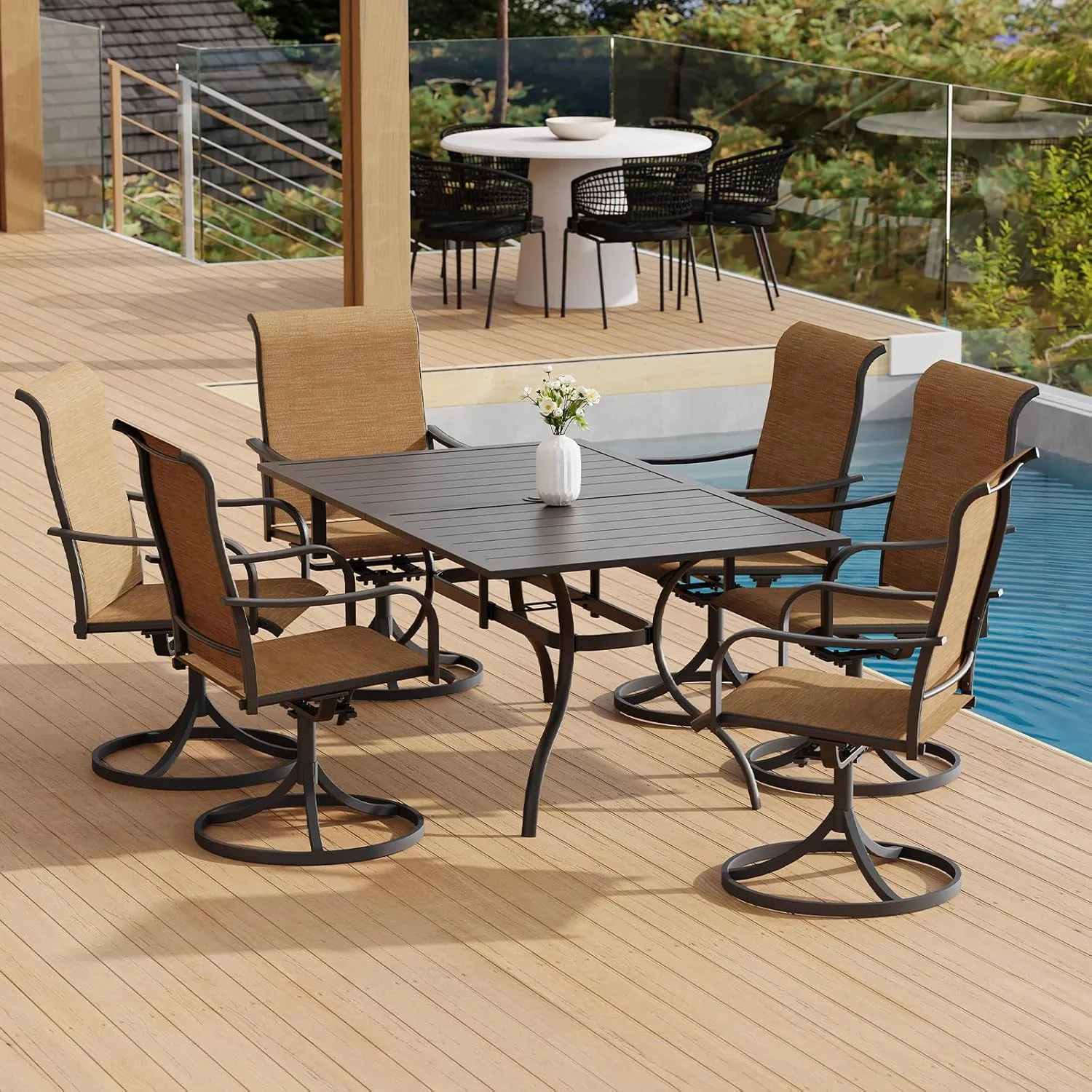 2 Piece Outdoor Swivel Patio Dining Chairs Set with Rocking and Yellow Sling