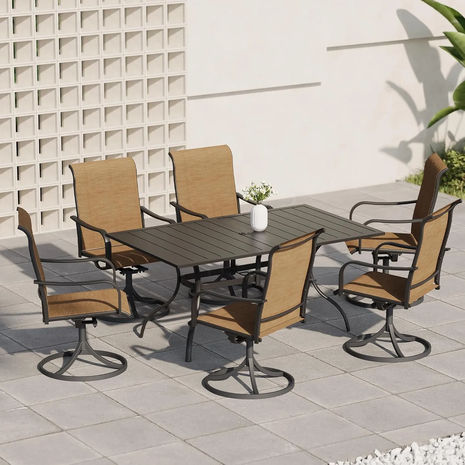 2 Piece Outdoor Swivel Patio Dining Chairs Set with Rocking and Yellow Sling