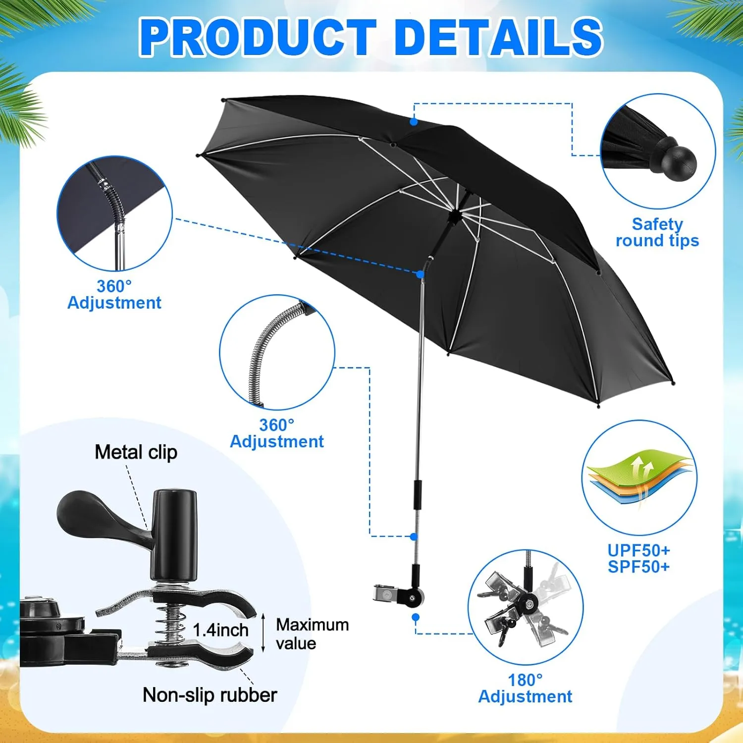 2 Set Reclining Camping Chair with Umbrella Clamp, Adjustable Beach Chair with Foot Rest, SPF 50 , Folding Shade Camping Lounger Recliner for Adult Outdoor(Grey, Black,Oxford)