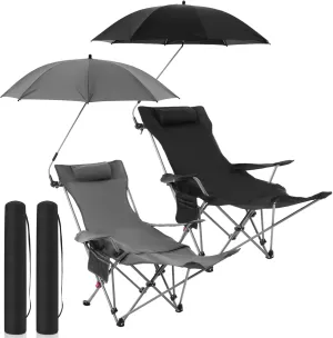 2 Set Reclining Camping Chair with Umbrella Clamp, Adjustable Beach Chair with Foot Rest, SPF 50 , Folding Shade Camping Lounger Recliner for Adult Outdoor(Grey, Black,Oxford)