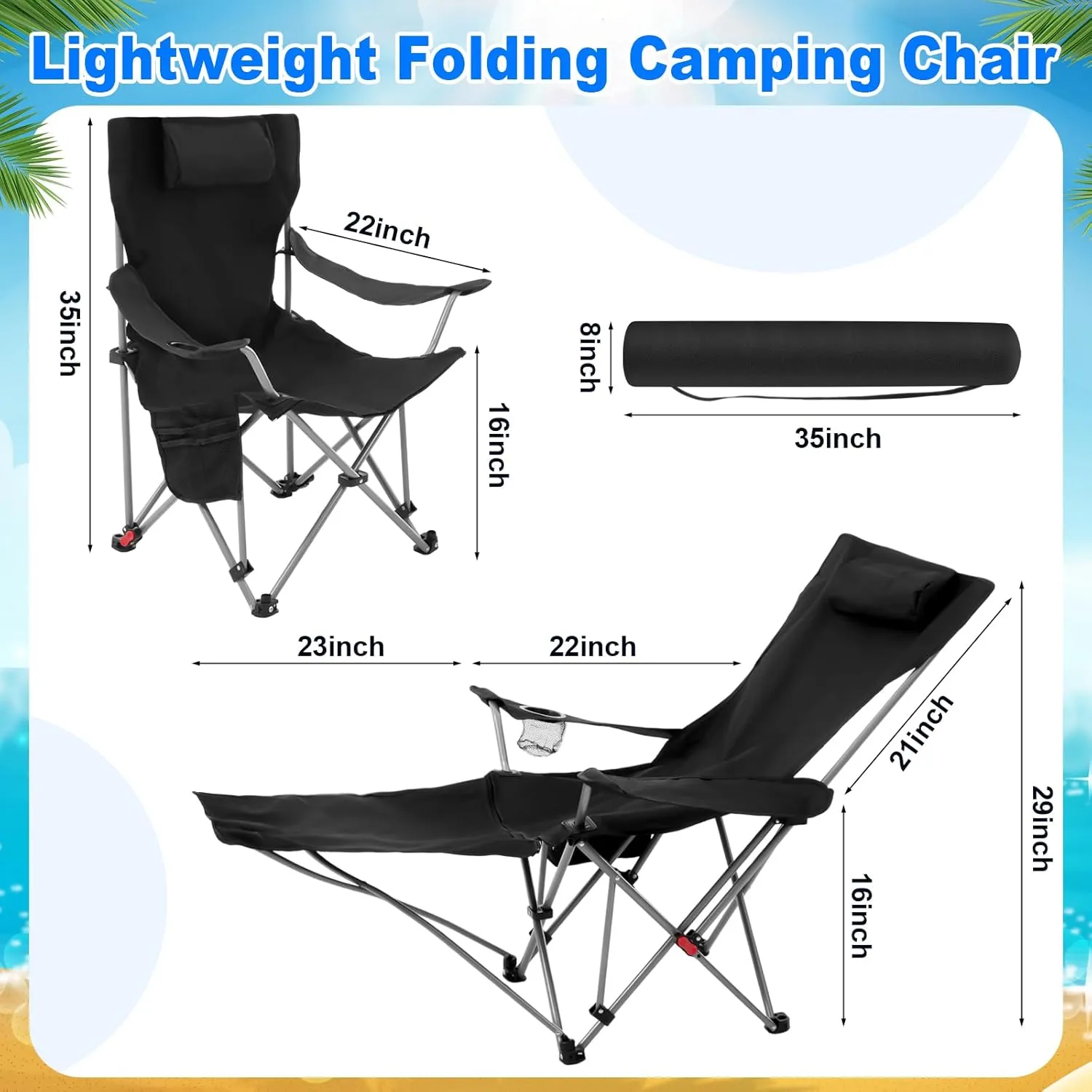 2 Set Reclining Camping Chair with Umbrella Clamp, Adjustable Beach Chair with Foot Rest, SPF 50 , Folding Shade Camping Lounger Recliner for Adult Outdoor(Grey, Black,Oxford)