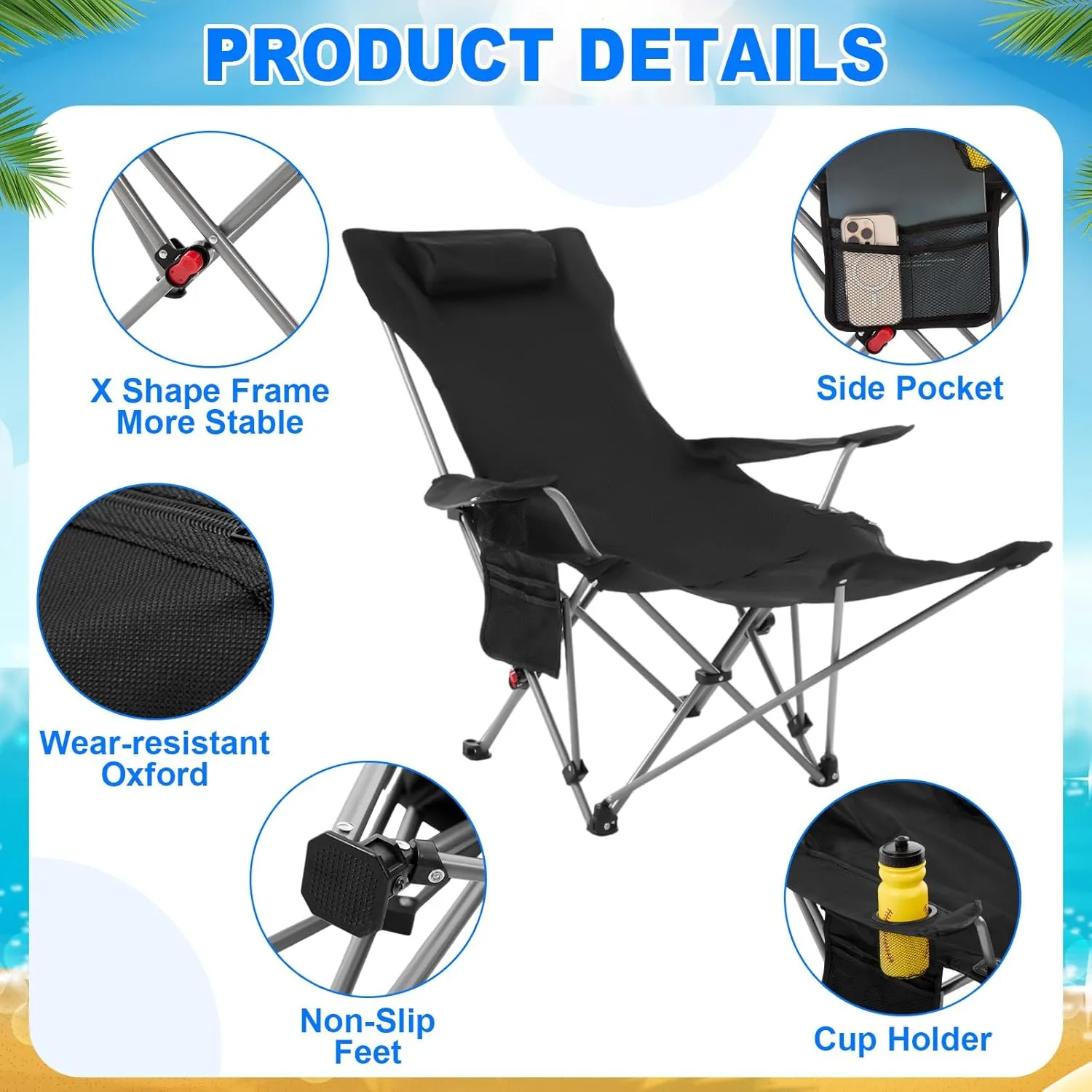 2 Set Reclining Camping Chair with Umbrella Clamp, Adjustable Beach Chair with Foot Rest, SPF 50 , Folding Shade Camping Lounger Recliner for Adult Outdoor(Grey, Black,Oxford)