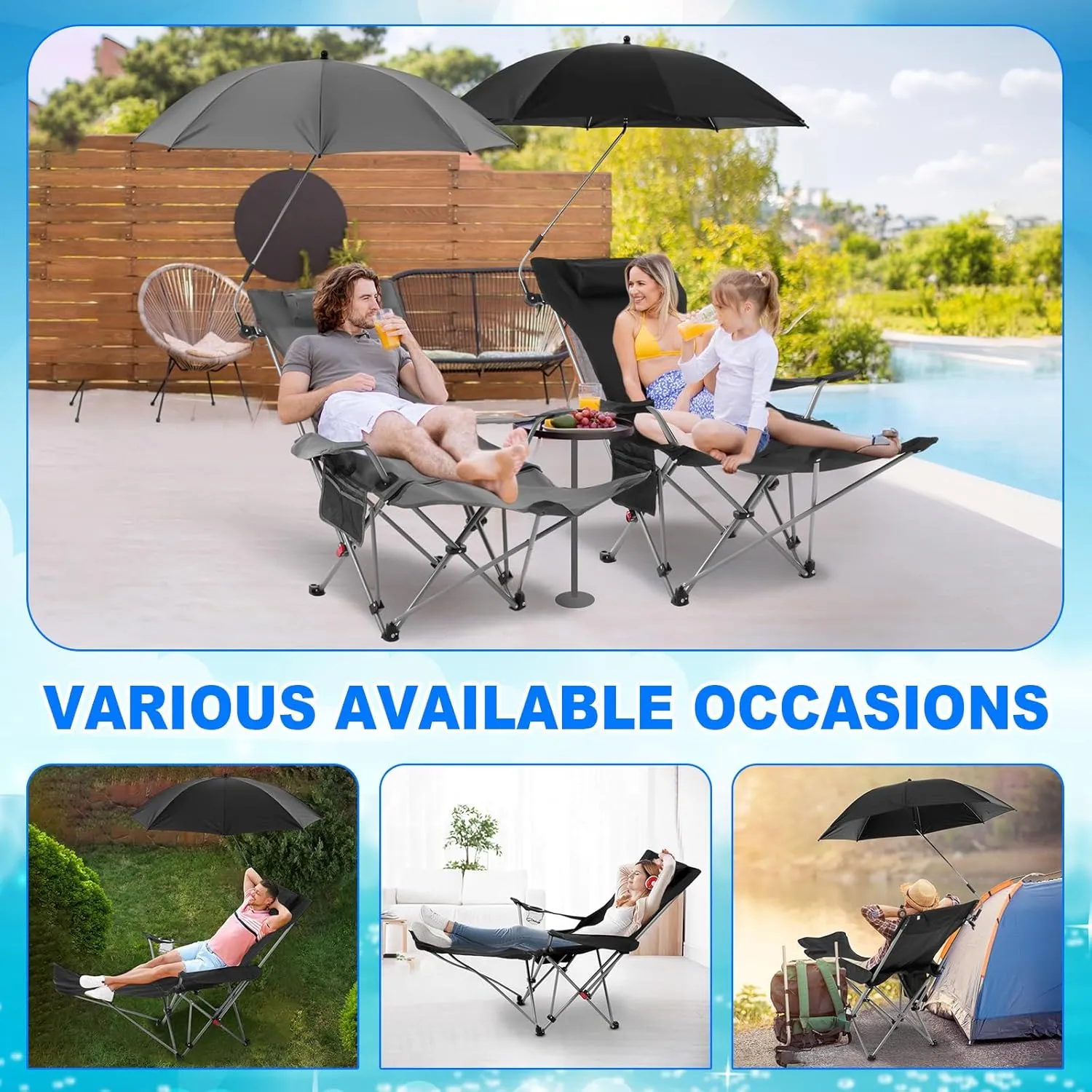 2 Set Reclining Camping Chair with Umbrella Clamp, Adjustable Beach Chair with Foot Rest, SPF 50 , Folding Shade Camping Lounger Recliner for Adult Outdoor(Grey, Black,Oxford)
