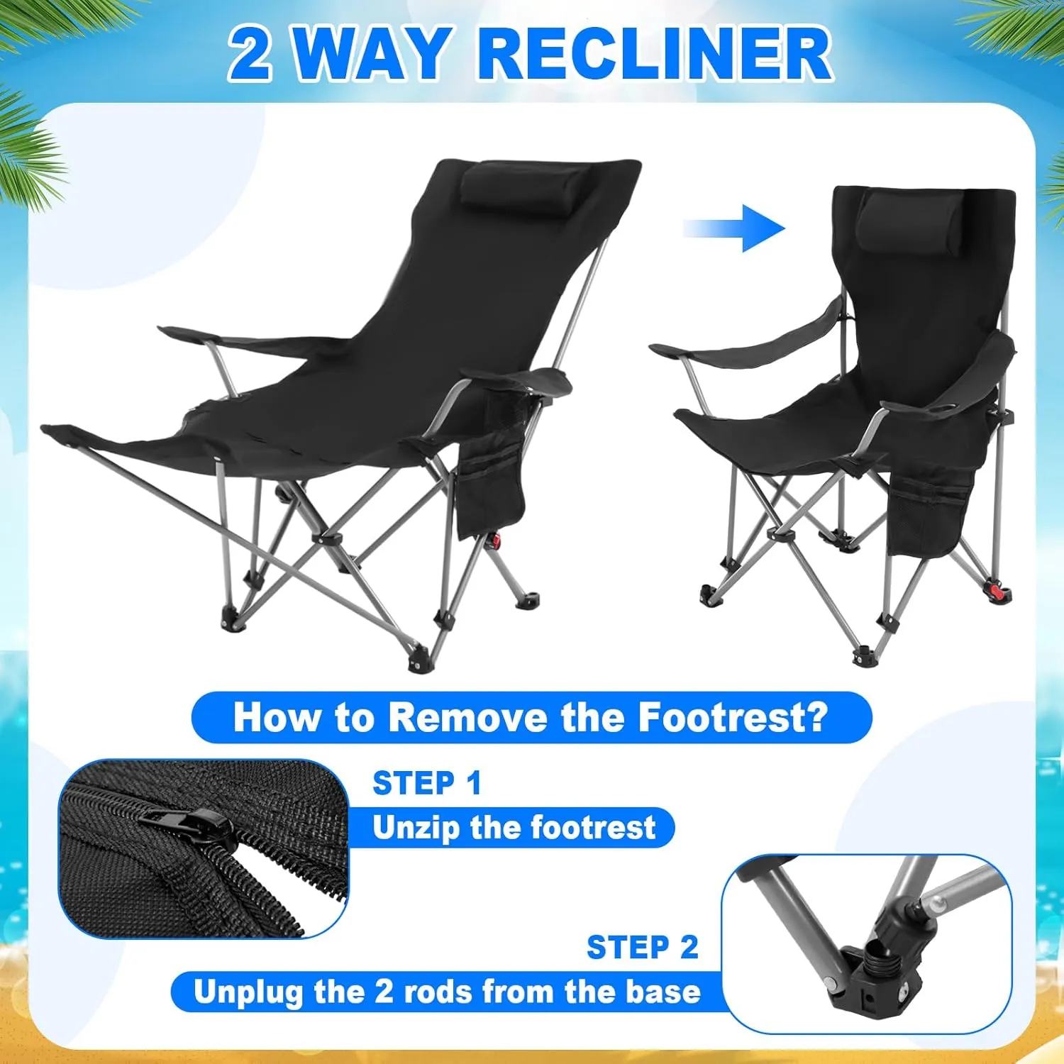 2 Set Reclining Camping Chair with Umbrella Clamp, Adjustable Beach Chair with Foot Rest, SPF 50 , Folding Shade Camping Lounger Recliner for Adult Outdoor(Grey, Black,Oxford)