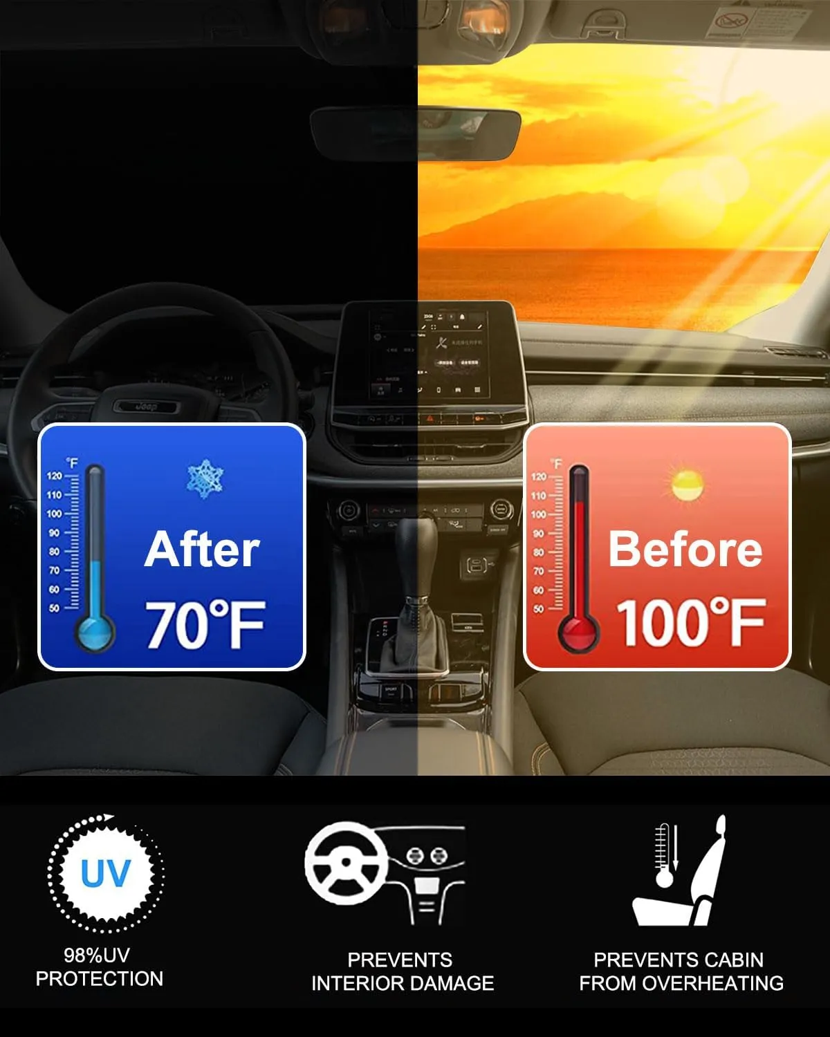 2025 Upgrade Front Windshield Sunshade fit for Jeep Compass 2017-2025 Reflector Foldable Car Shade Automotive Windshield Sunshades Ford Edge Windshield Sun Shade |Keeps Your Vehicle Cool|