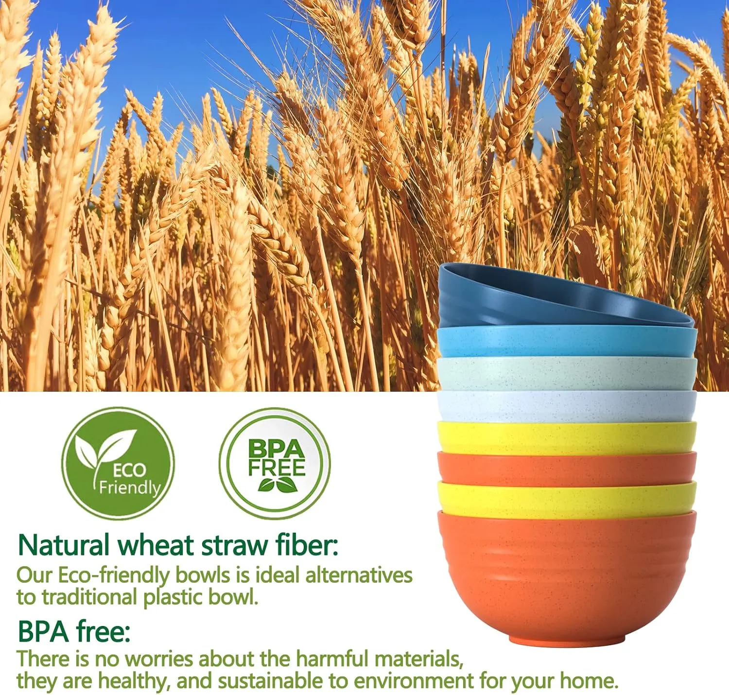 24 OZ Unbreakable Cereal Bowls, 8 Pieces Wheat Straw Bowls, Microwave and Dishwasher Safe Reusable Bowls Set, BPA Free E-Co Friendly Bowl for Ramen, Soup, Salad -Multi Color