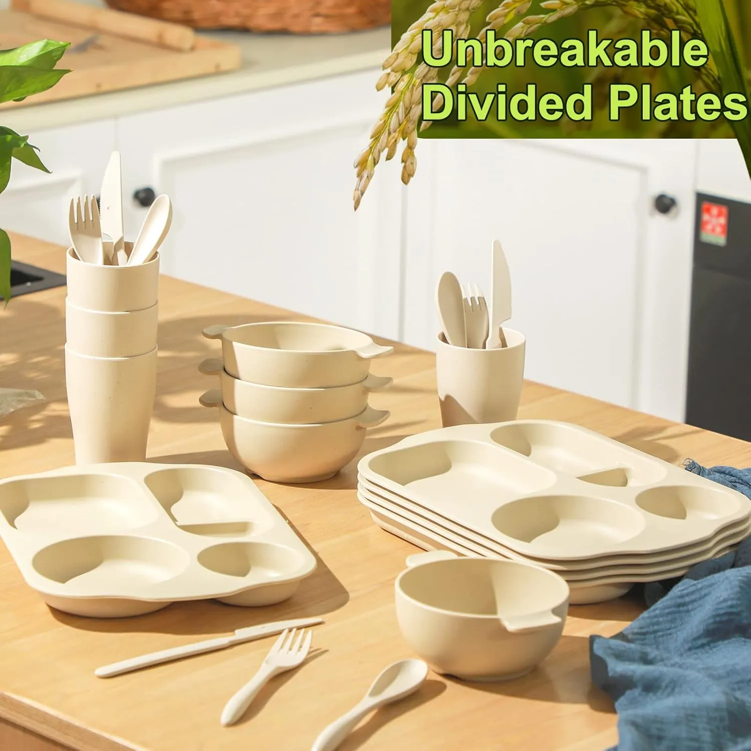 24 Pcs Wheat Straw Dinnerware Cutlery Set for Kids Toddler Aldult Including Divided Plates Microwave Dishwasher Safe Bowl Unbreakable Tableware Straw Cutlery Spoon Knife Fork(Beige)