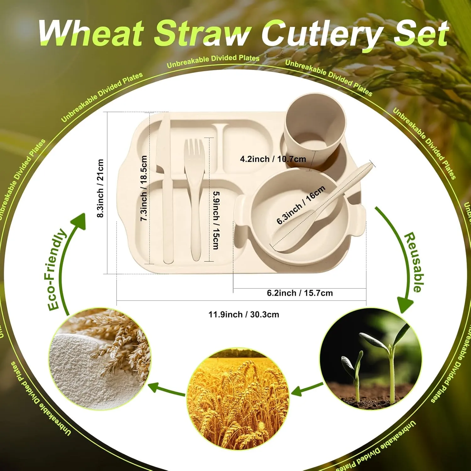 24 Pcs Wheat Straw Dinnerware Cutlery Set for Kids Toddler Aldult Including Divided Plates Microwave Dishwasher Safe Bowl Unbreakable Tableware Straw Cutlery Spoon Knife Fork(Beige)