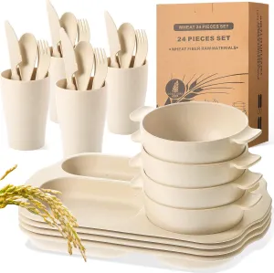 24 Pcs Wheat Straw Dinnerware Cutlery Set for Kids Toddler Aldult Including Divided Plates Microwave Dishwasher Safe Bowl Unbreakable Tableware Straw Cutlery Spoon Knife Fork(Beige)