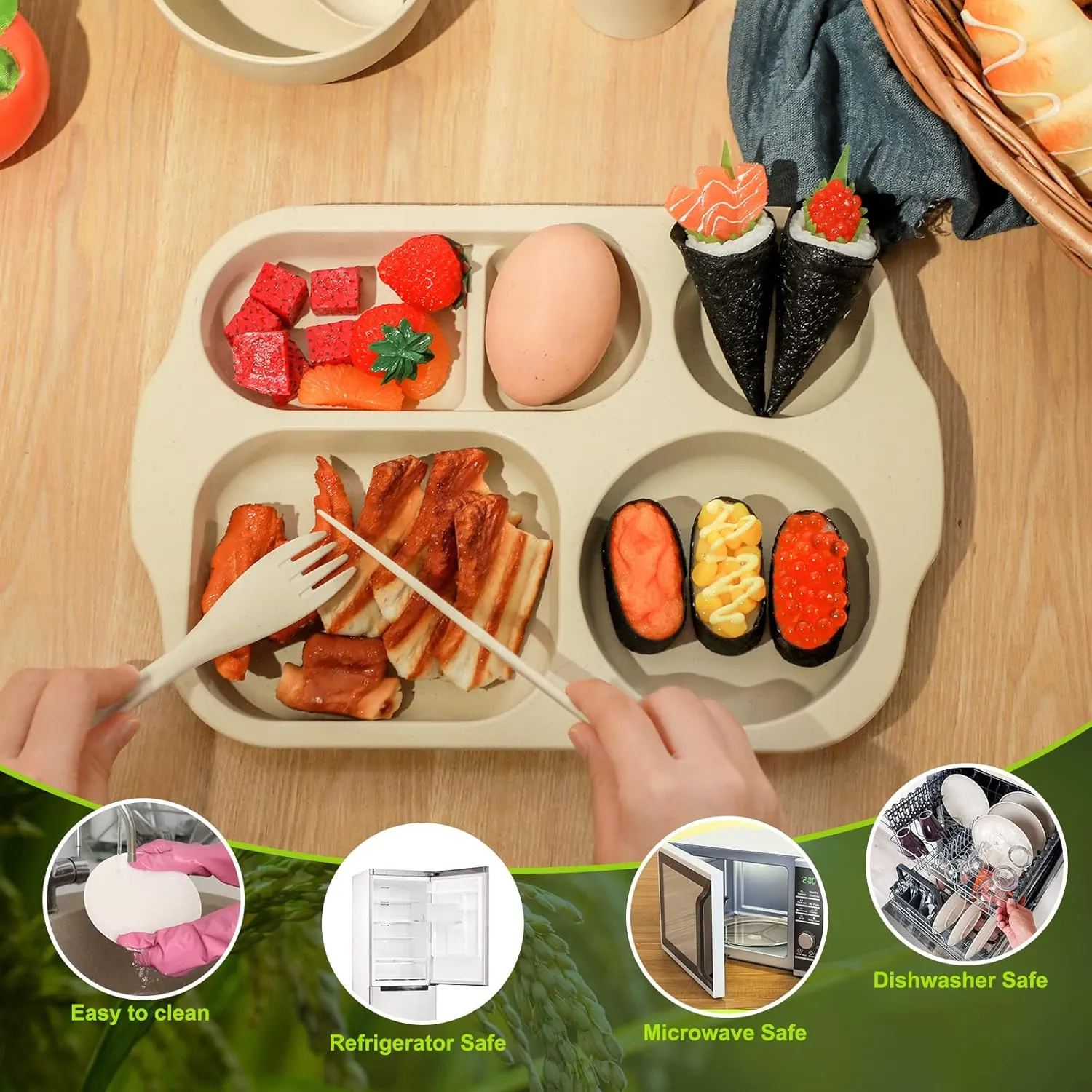 24 Pcs Wheat Straw Dinnerware Cutlery Set for Kids Toddler Aldult Including Divided Plates Microwave Dishwasher Safe Bowl Unbreakable Tableware Straw Cutlery Spoon Knife Fork(Beige)