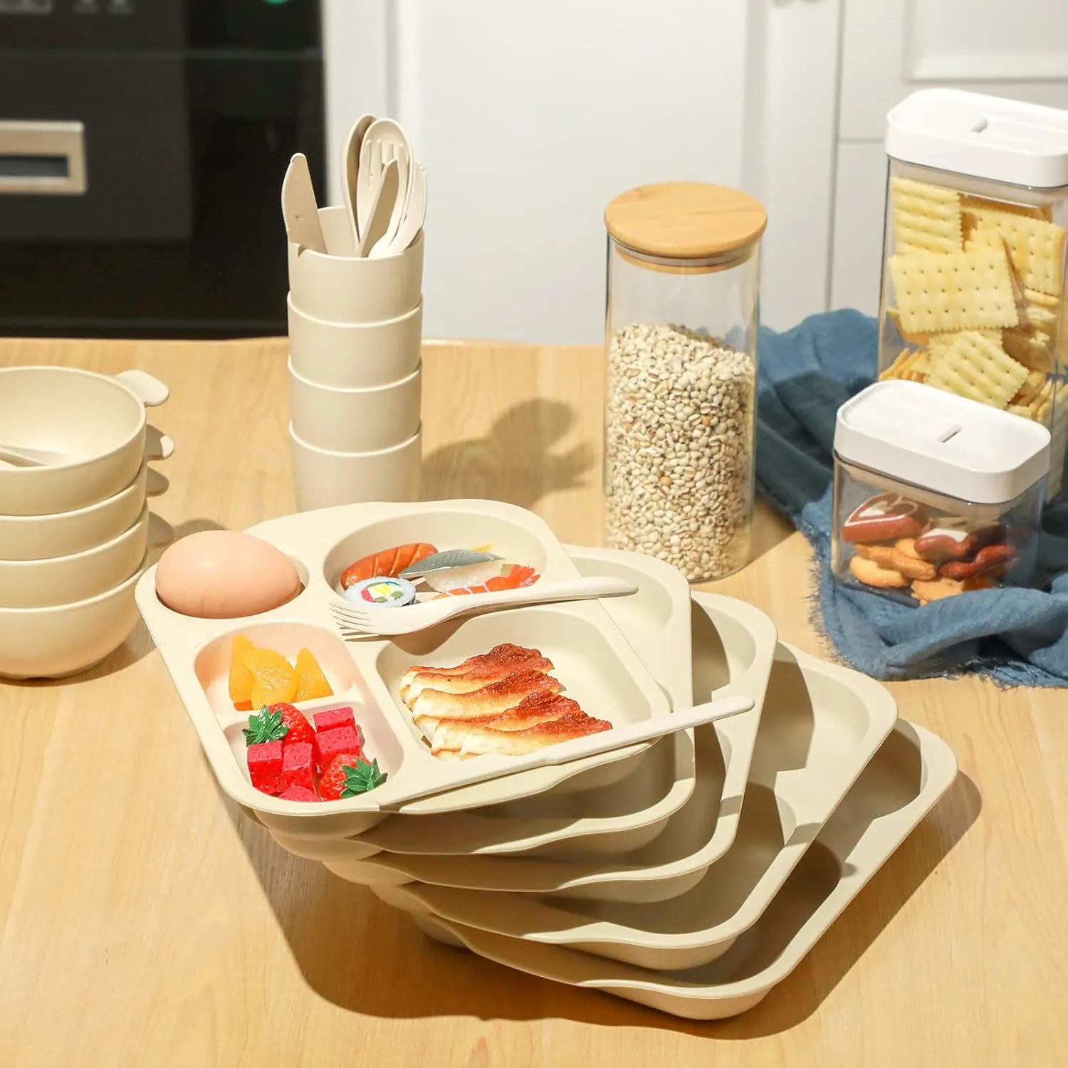 24 Pcs Wheat Straw Dinnerware Cutlery Set for Kids Toddler Aldult Including Divided Plates Microwave Dishwasher Safe Bowl Unbreakable Tableware Straw Cutlery Spoon Knife Fork(Beige)