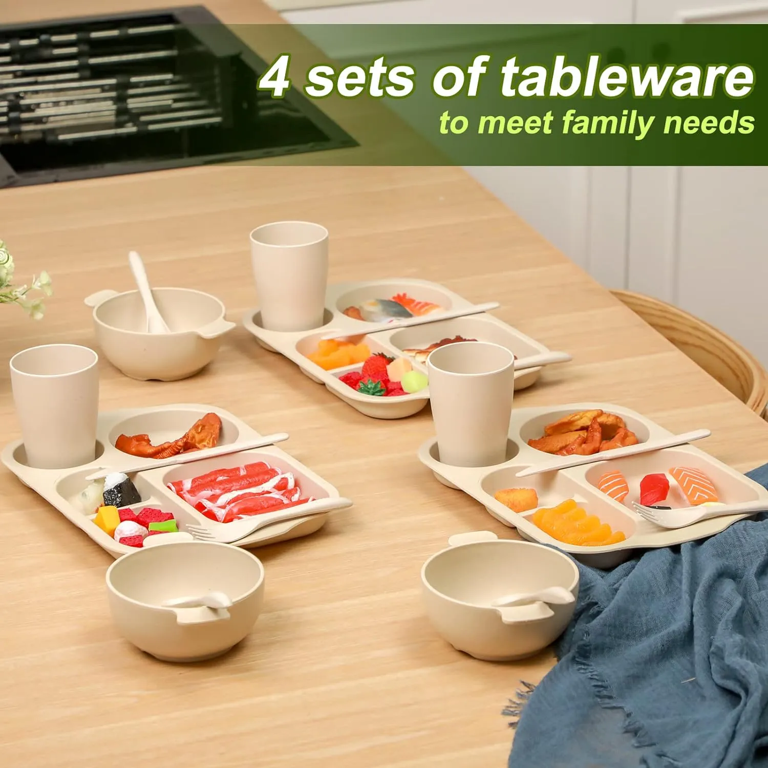 24 Pcs Wheat Straw Dinnerware Cutlery Set for Kids Toddler Aldult Including Divided Plates Microwave Dishwasher Safe Bowl Unbreakable Tableware Straw Cutlery Spoon Knife Fork(Beige)