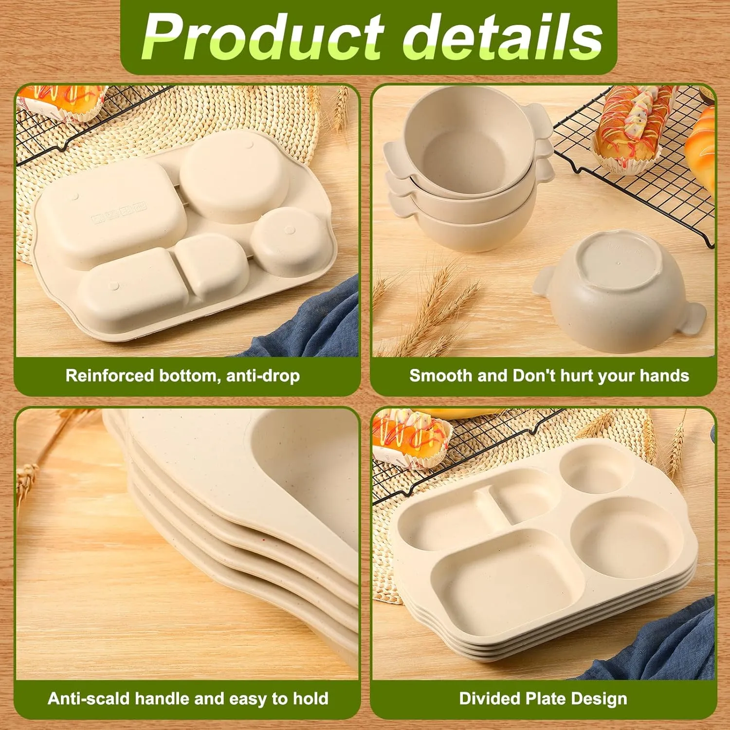 24 Pcs Wheat Straw Dinnerware Cutlery Set for Kids Toddler Aldult Including Divided Plates Microwave Dishwasher Safe Bowl Unbreakable Tableware Straw Cutlery Spoon Knife Fork(Beige)