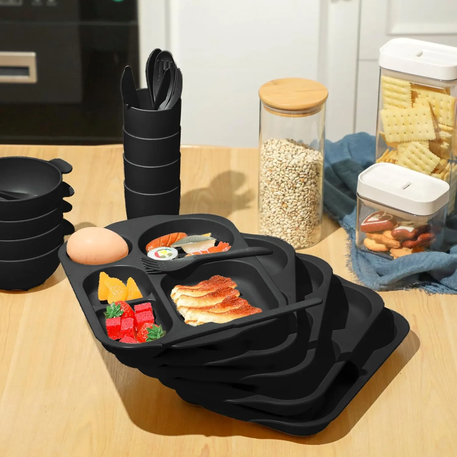 24 Pcs Wheat Straw Dinnerware Cutlery Set for Kids Toddler Aldult Including Divided Plates Microwave Dishwasher Safe Bowl Unbreakable Tableware Straw Cutlery Spoon Knife Fork(Black)