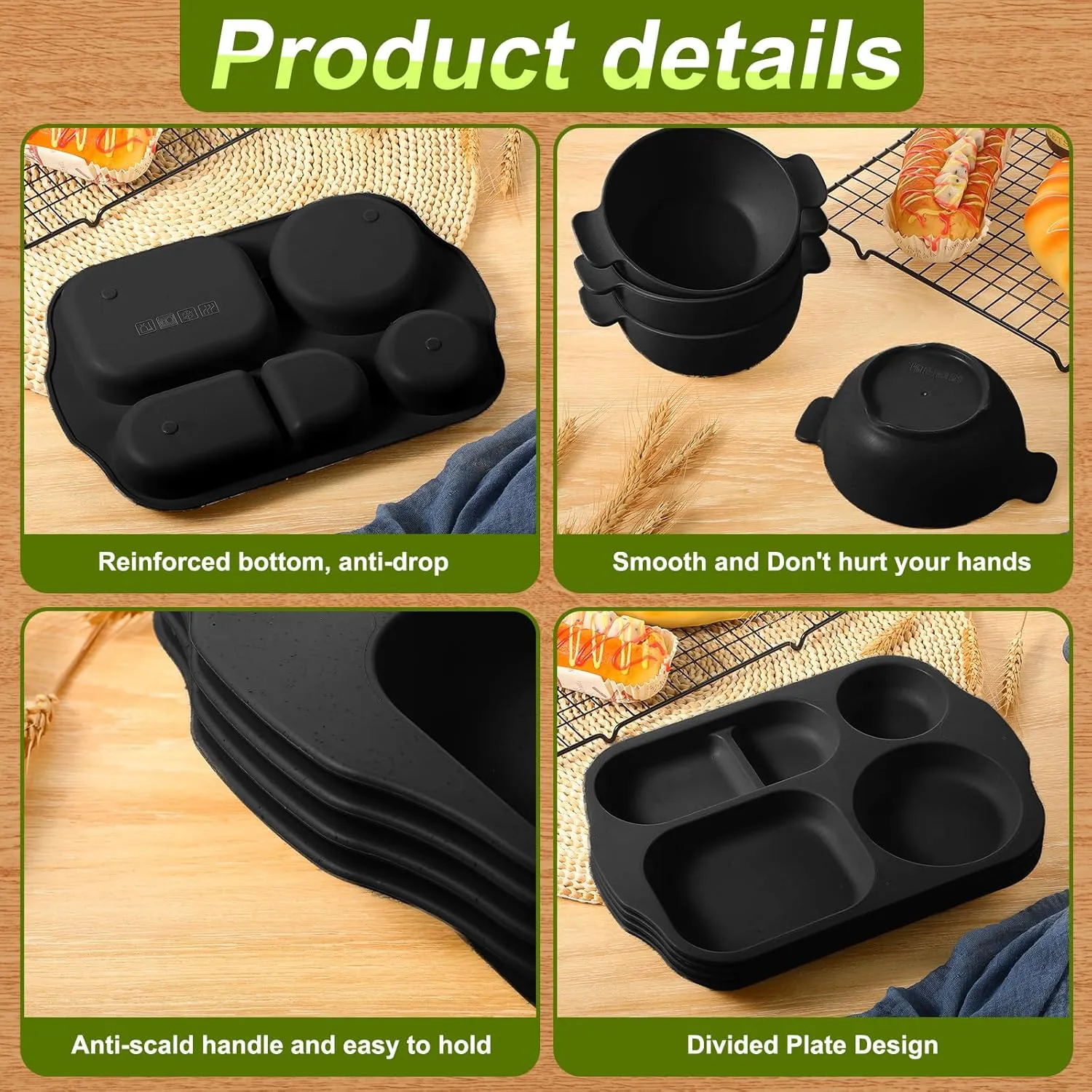 24 Pcs Wheat Straw Dinnerware Cutlery Set for Kids Toddler Aldult Including Divided Plates Microwave Dishwasher Safe Bowl Unbreakable Tableware Straw Cutlery Spoon Knife Fork(Black)