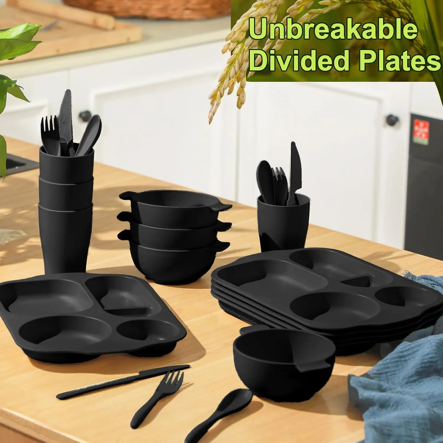 24 Pcs Wheat Straw Dinnerware Cutlery Set for Kids Toddler Aldult Including Divided Plates Microwave Dishwasher Safe Bowl Unbreakable Tableware Straw Cutlery Spoon Knife Fork(Black)