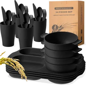 24 Pcs Wheat Straw Dinnerware Cutlery Set for Kids Toddler Aldult Including Divided Plates Microwave Dishwasher Safe Bowl Unbreakable Tableware Straw Cutlery Spoon Knife Fork(Black)