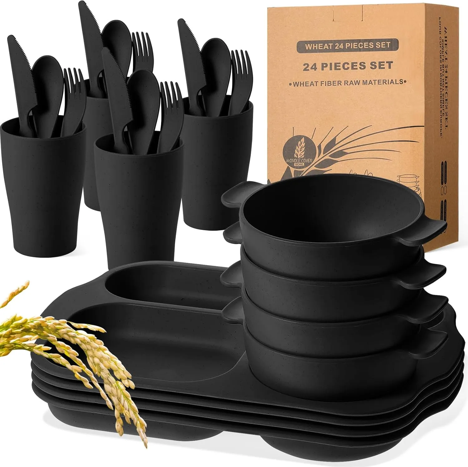 24 Pcs Wheat Straw Dinnerware Cutlery Set for Kids Toddler Aldult Including Divided Plates Microwave Dishwasher Safe Bowl Unbreakable Tableware Straw Cutlery Spoon Knife Fork(Black)