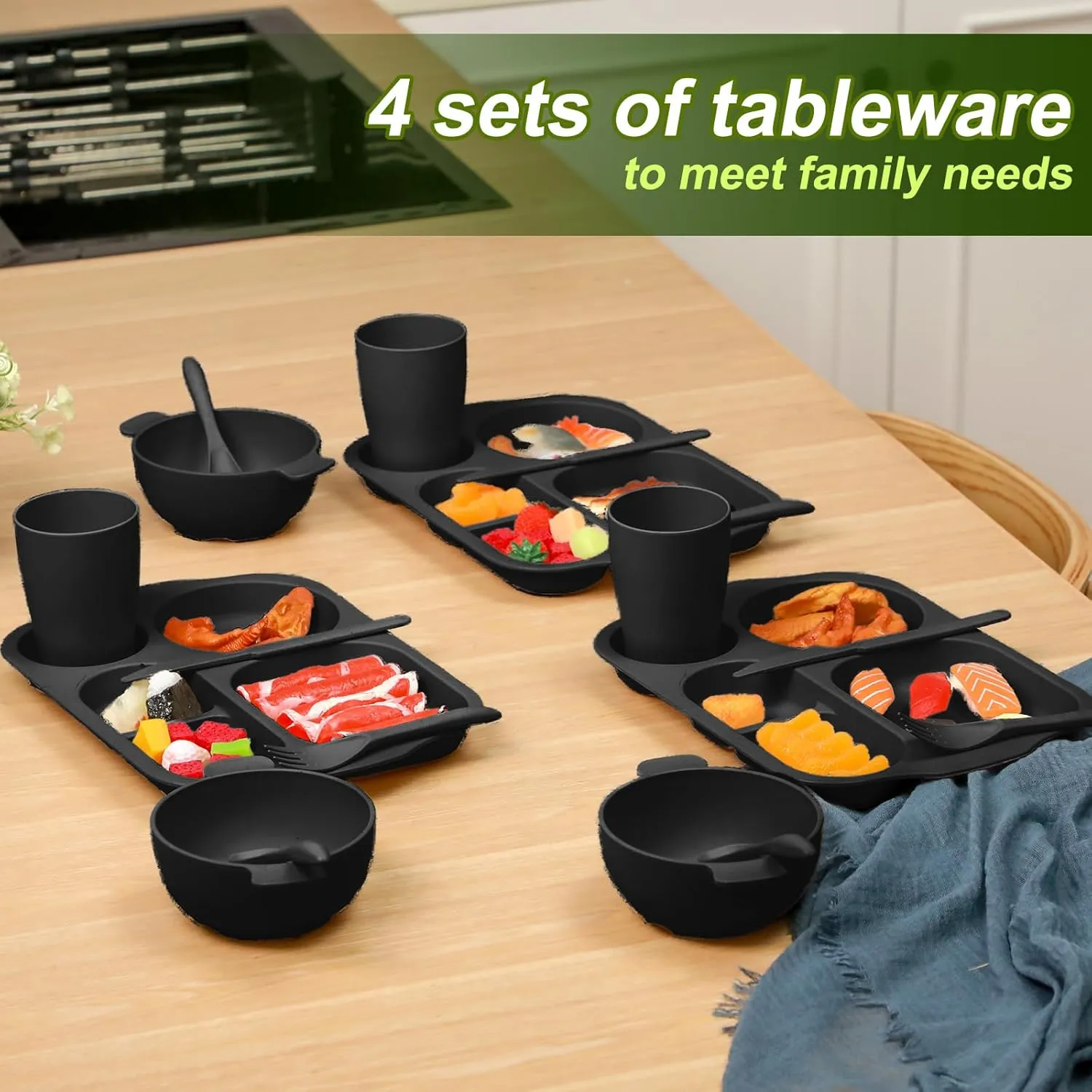 24 Pcs Wheat Straw Dinnerware Cutlery Set for Kids Toddler Aldult Including Divided Plates Microwave Dishwasher Safe Bowl Unbreakable Tableware Straw Cutlery Spoon Knife Fork(Black)