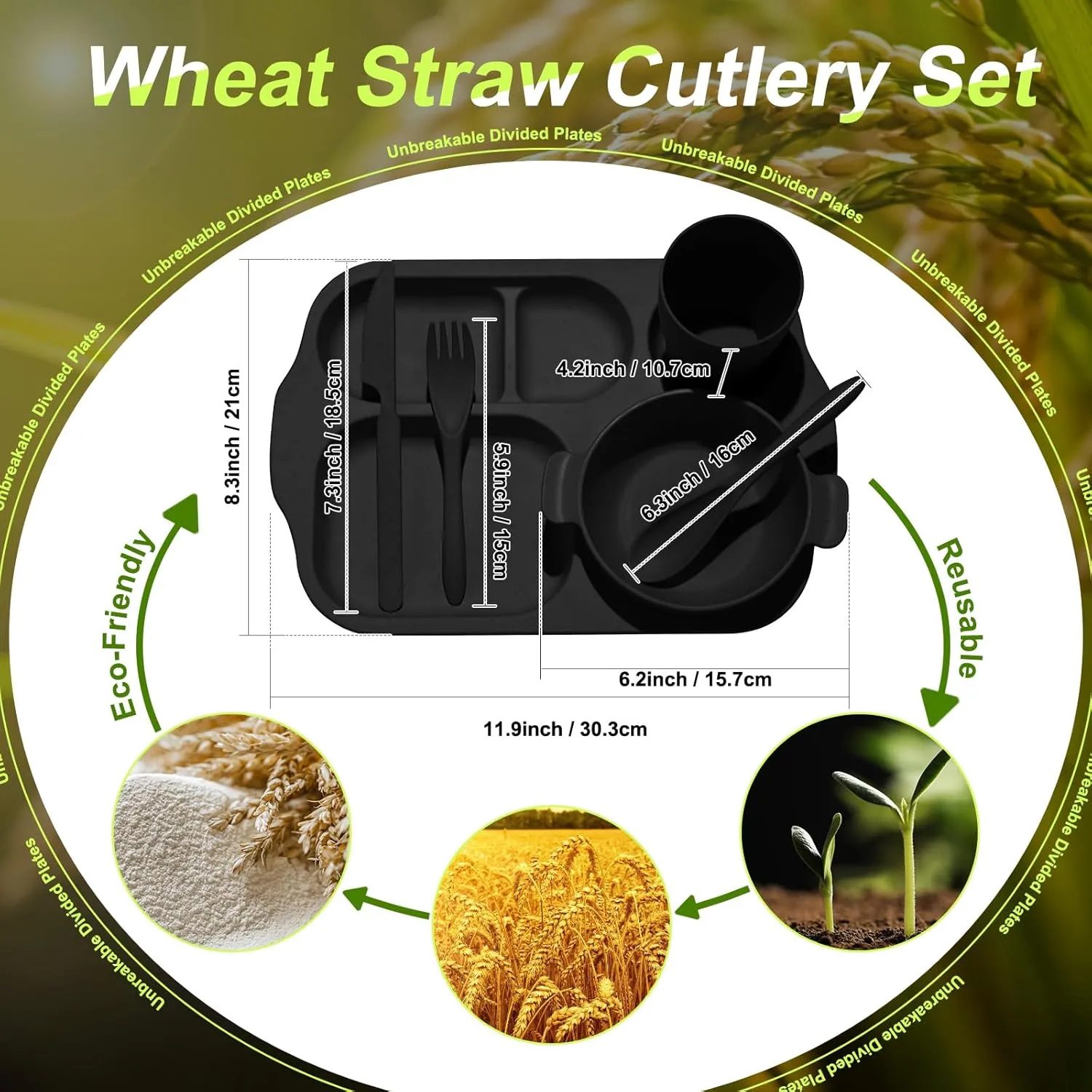 24 Pcs Wheat Straw Dinnerware Cutlery Set for Kids Toddler Aldult Including Divided Plates Microwave Dishwasher Safe Bowl Unbreakable Tableware Straw Cutlery Spoon Knife Fork(Black)