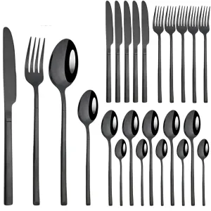 24 Piece Stainless Steel Cutlery Set Matte Black Silverware For Kitchen Tableware
