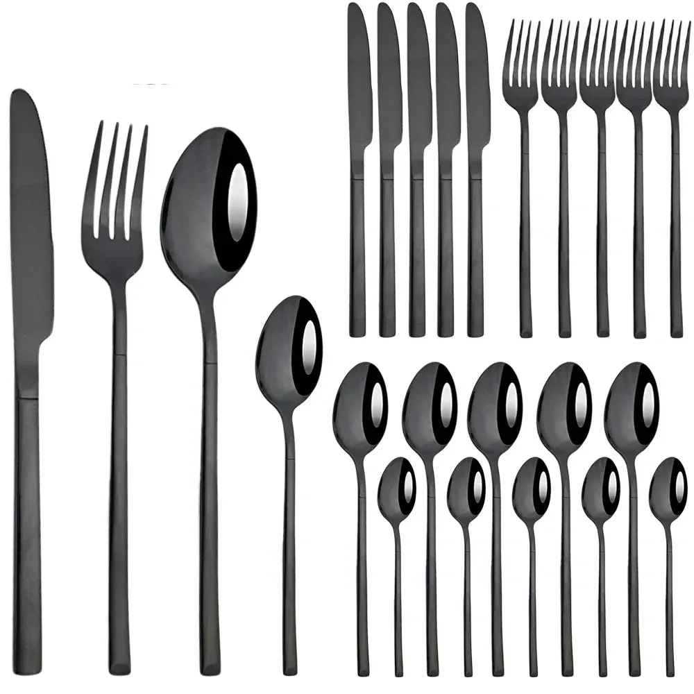 24 Piece Stainless Steel Cutlery Set Matte Black Silverware For Kitchen Tableware