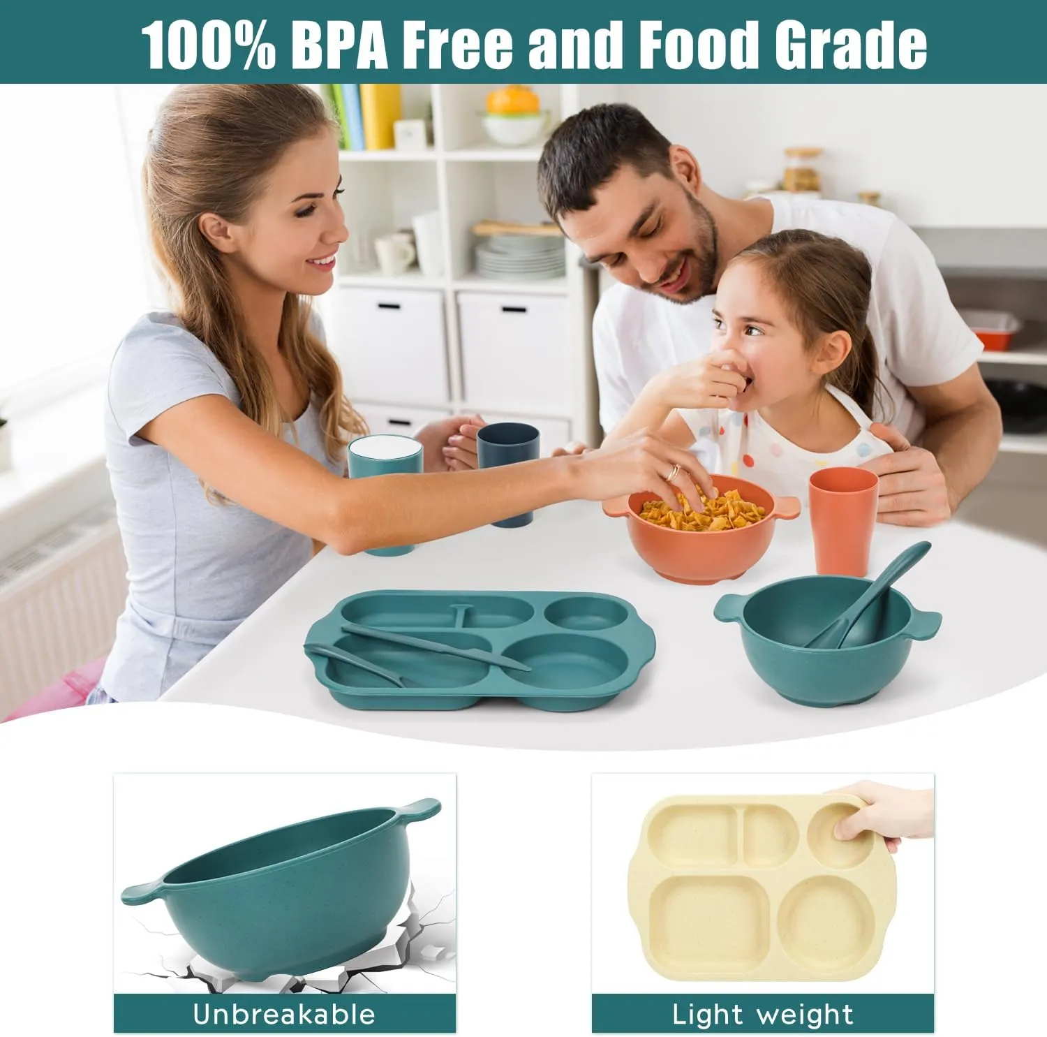 24-Piece Wheat Straw Dinnerware Set for Kids & Toddlers - Unbreakable, BPA-Free Tableware with Divided Plates, Microwave & Dishwasher Safe - Perfect for Home, School & Picnics