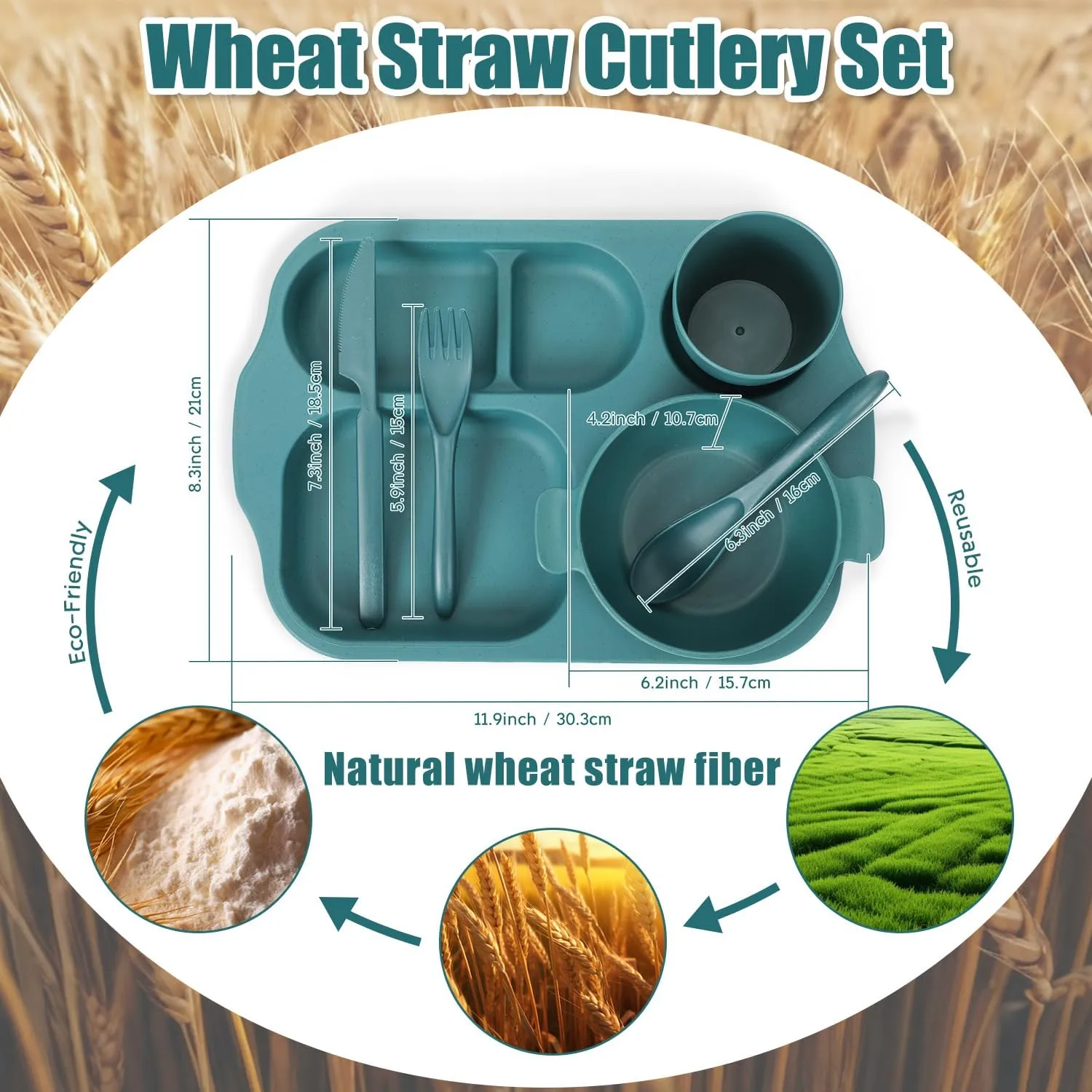 24-Piece Wheat Straw Dinnerware Set for Kids & Toddlers - Unbreakable, BPA-Free Tableware with Divided Plates, Microwave & Dishwasher Safe - Perfect for Home, School & Picnics