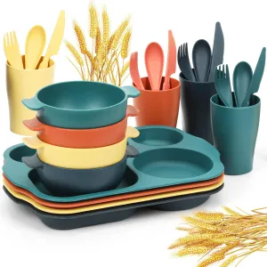 24-Piece Wheat Straw Dinnerware Set for Kids & Toddlers - Unbreakable, BPA-Free Tableware with Divided Plates, Microwave & Dishwasher Safe - Perfect for Home, School & Picnics