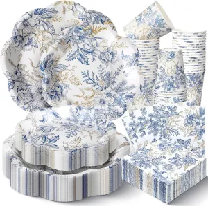 250 Pcs Blue Floral Disposable Plates and Napkins Blue Gold Disposable Tableware Set for 50 Guests Paper Plates Napkins Cups for Wedding Bridal Shower Supplies