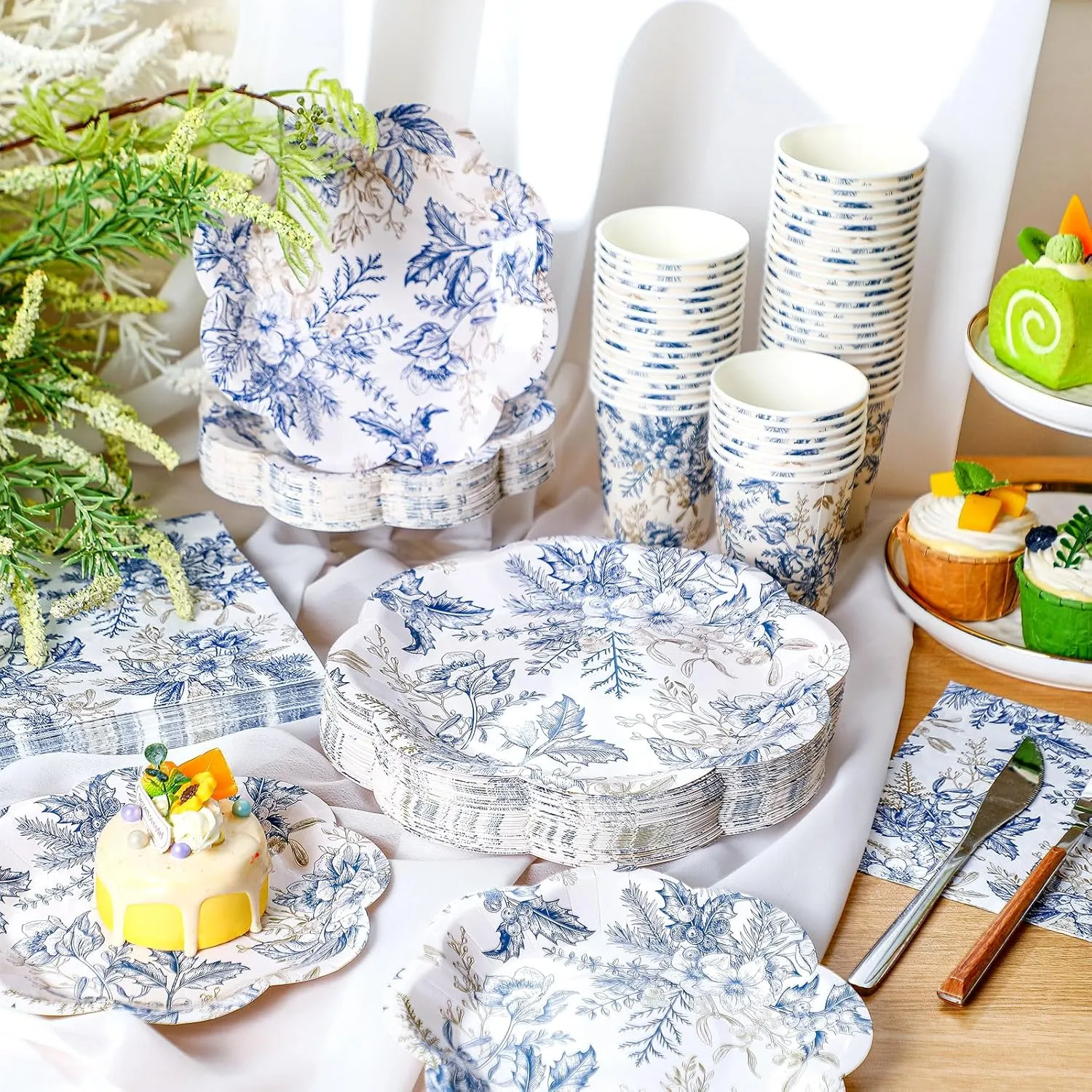 250 Pcs Blue Floral Disposable Plates and Napkins Blue Gold Disposable Tableware Set for 50 Guests Paper Plates Napkins Cups for Wedding Bridal Shower Supplies