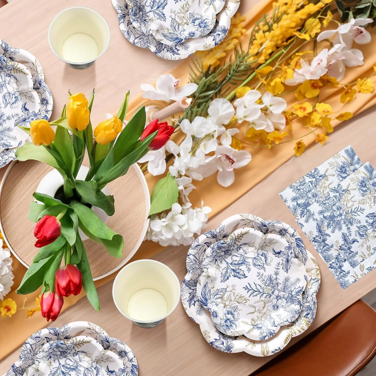 250 Pcs Blue Floral Disposable Plates and Napkins Blue Gold Disposable Tableware Set for 50 Guests Paper Plates Napkins Cups for Wedding Bridal Shower Supplies