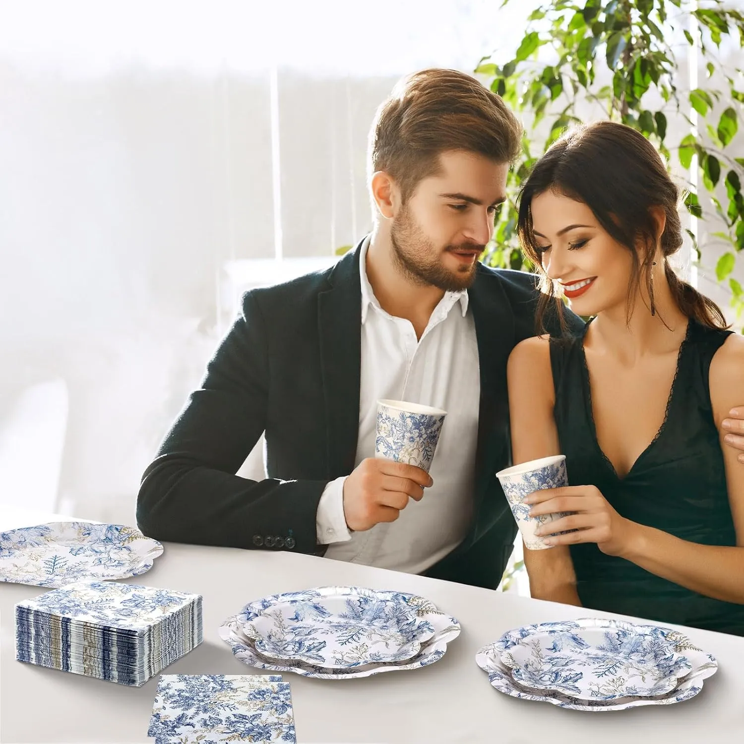 250 Pcs Blue Floral Disposable Plates and Napkins Blue Gold Disposable Tableware Set for 50 Guests Paper Plates Napkins Cups for Wedding Bridal Shower Supplies