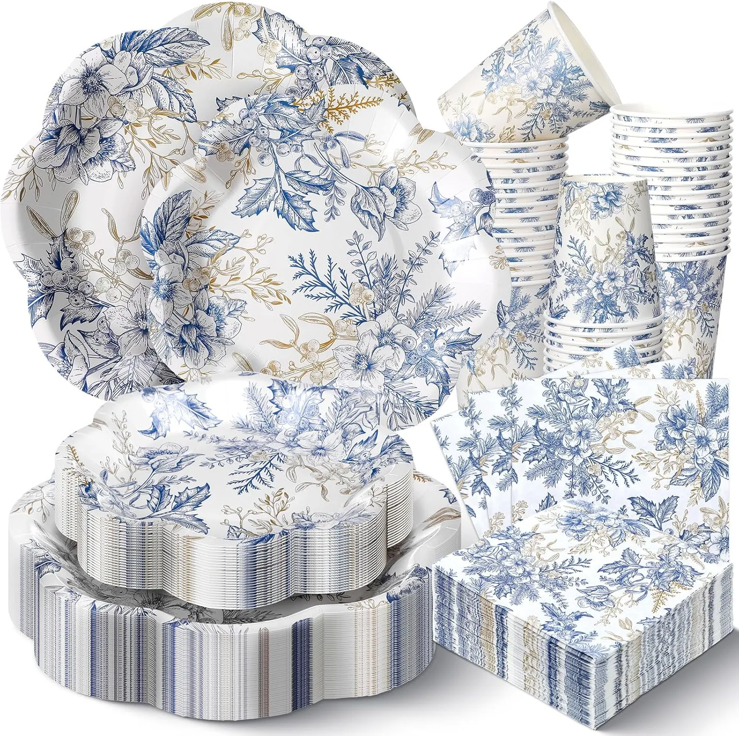 250 Pcs Blue Floral Disposable Plates and Napkins Blue Gold Disposable Tableware Set for 50 Guests Paper Plates Napkins Cups for Wedding Bridal Shower Supplies