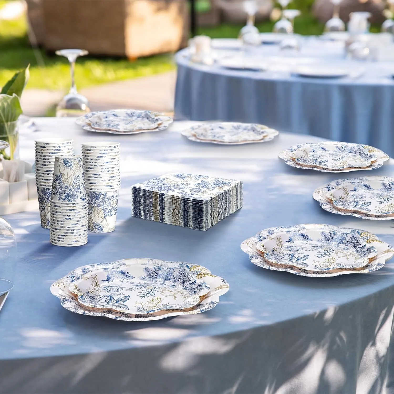 250 Pcs Blue Floral Disposable Plates and Napkins Blue Gold Disposable Tableware Set for 50 Guests Paper Plates Napkins Cups for Wedding Bridal Shower Supplies