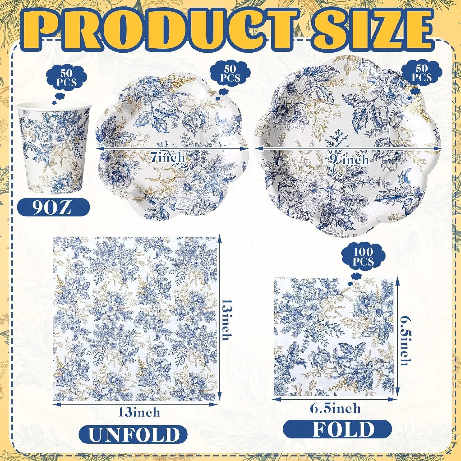 250 Pcs Blue Floral Disposable Plates and Napkins Blue Gold Disposable Tableware Set for 50 Guests Paper Plates Napkins Cups for Wedding Bridal Shower Supplies