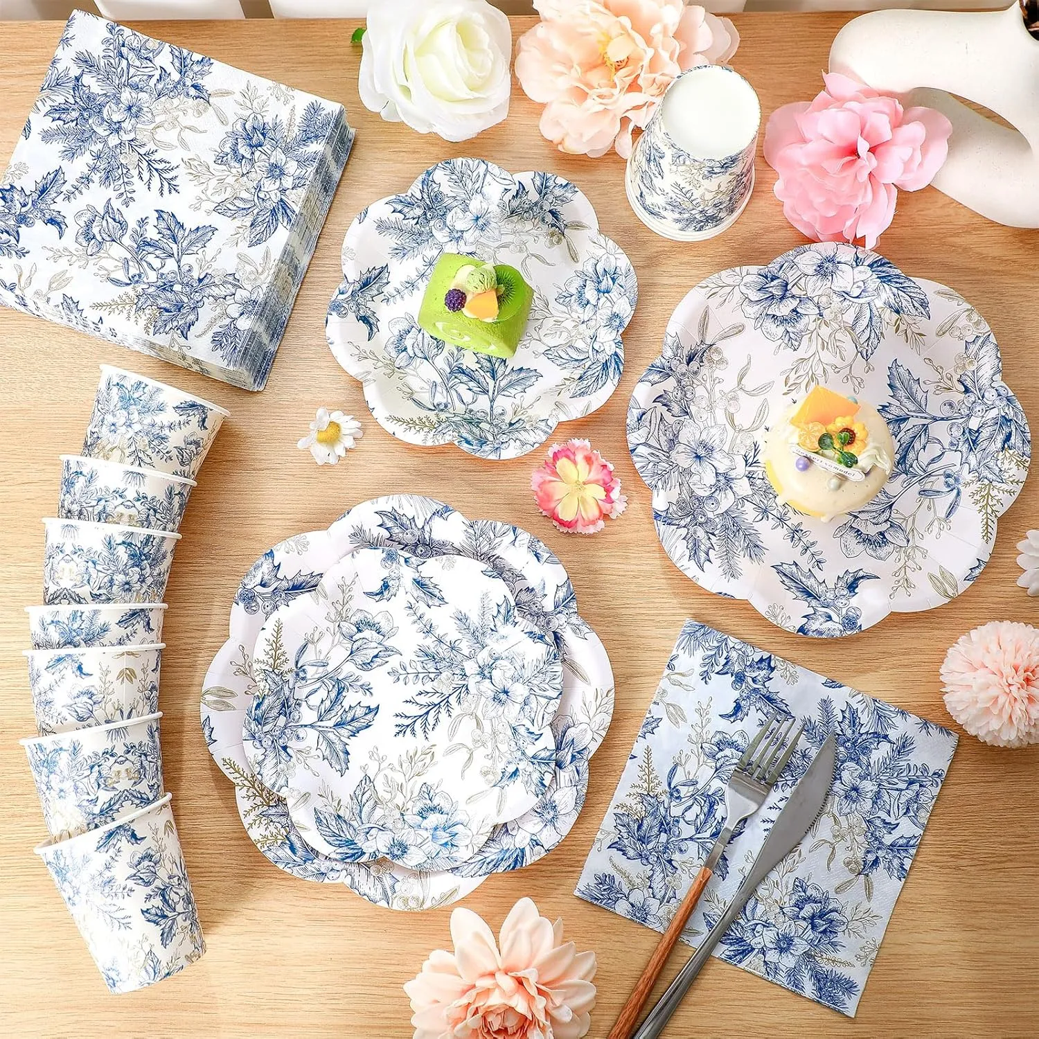 250 Pcs Blue Floral Disposable Plates and Napkins Blue Gold Disposable Tableware Set for 50 Guests Paper Plates Napkins Cups for Wedding Bridal Shower Supplies
