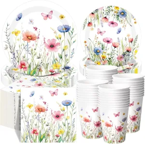 250 Pcs Floral Disposable Tableware Set Spring Floral Paper Cups Plates and Napkins Wildflower Baby Shower Decorations for 50 Guest(Colored,Vivid Style)