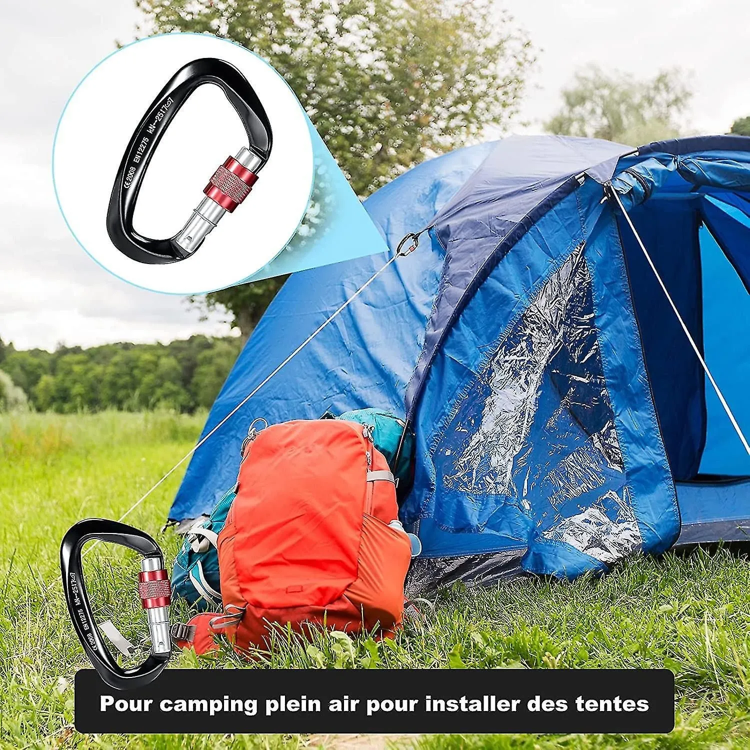 25kn Climbing Carabiner 2pcs , Heavy Duty Aluminum D-shape Locking Safety Carabi