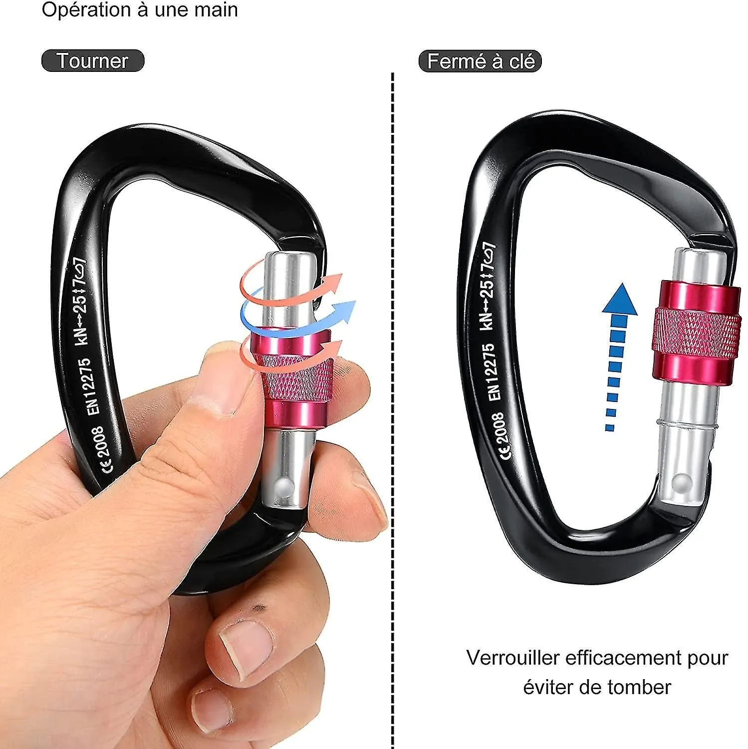 25kn Climbing Carabiner 2pcs , Heavy Duty Aluminum D-shape Locking Safety Carabi