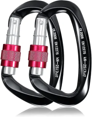 25kn Climbing Carabiner 2pcs , Heavy Duty Aluminum D-shape Locking Safety Carabi