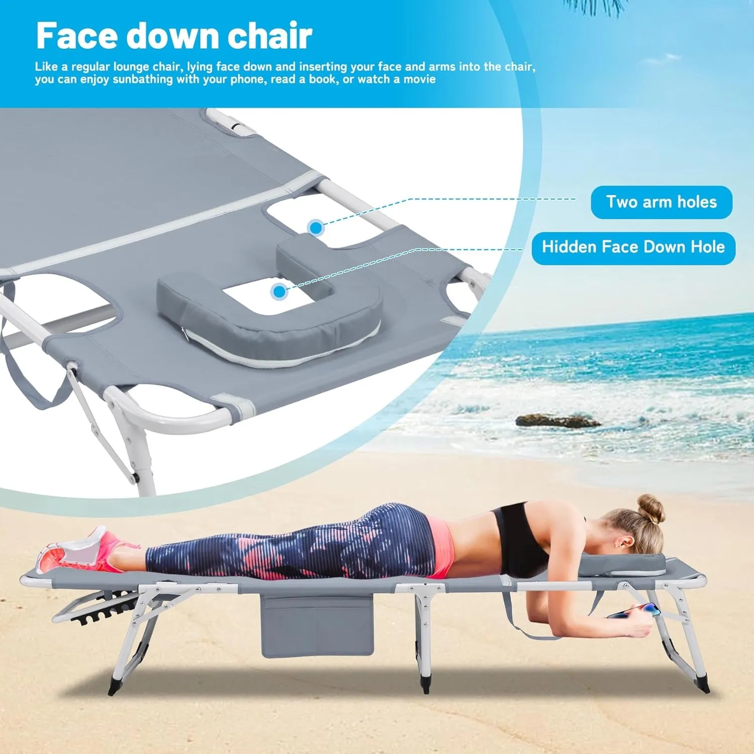 3-In-1 Tanning Chair with Face Hole, Adjustable 5-Position, Grey Folding Portable Lounger Chair for Outside, Laying Out Chairs for Tanning, Lay Flat Beach Lounge Chairs for Outdoor (1, Grey, XL)
