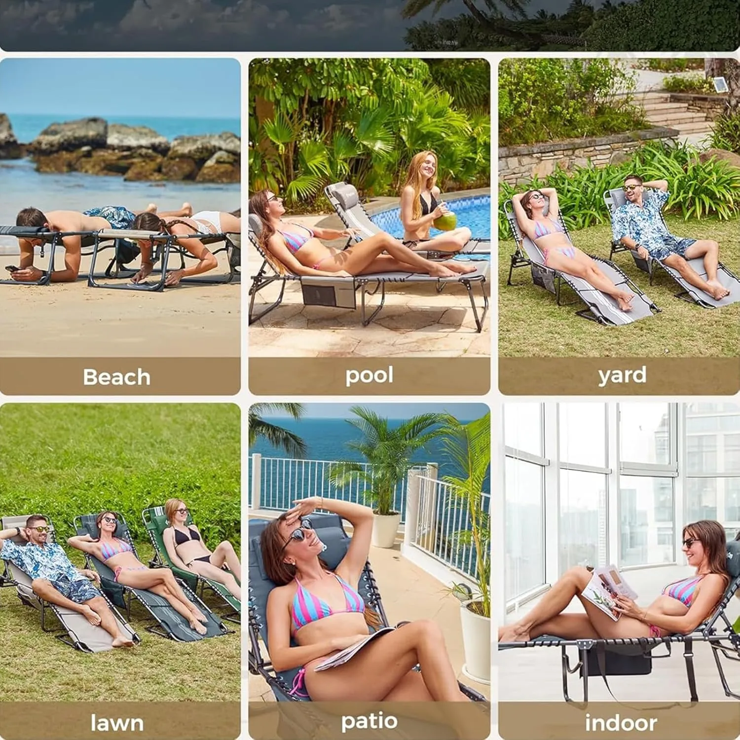 3-In-1 Tanning Chair with Face Hole, Adjustable 5-Position, Grey Folding Portable Lounger Chair for Outside, Laying Out Chairs for Tanning, Lay Flat Beach Lounge Chairs for Outdoor (1, Grey, XL)