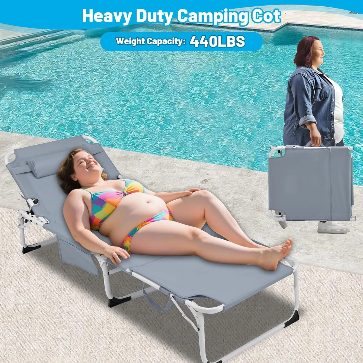 3-In-1 Tanning Chair with Face Hole, Adjustable 5-Position, Grey Folding Portable Lounger Chair for Outside, Laying Out Chairs for Tanning, Lay Flat Beach Lounge Chairs for Outdoor (1, Grey, XL)