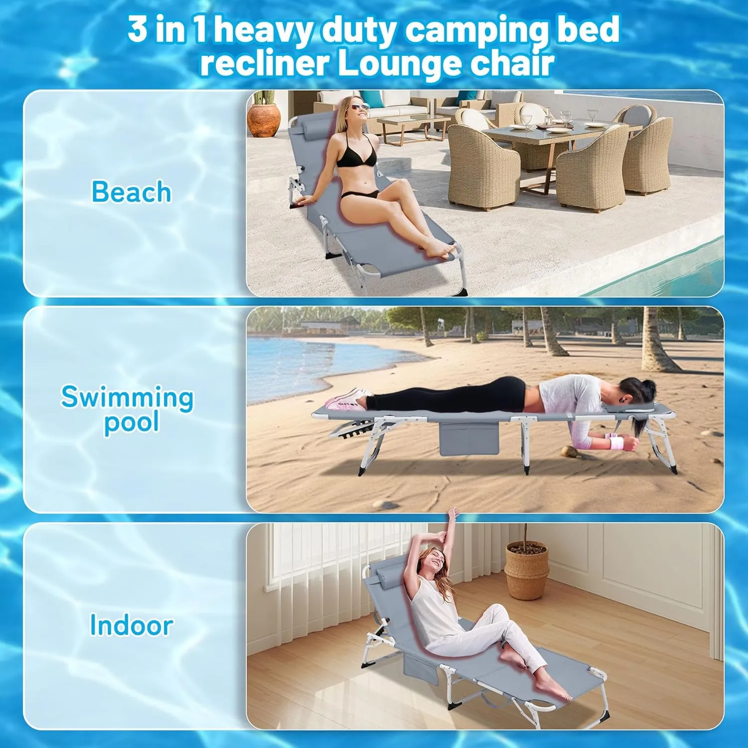 3-In-1 Tanning Chair with Face Hole, Adjustable 5-Position, Grey Folding Portable Lounger Chair for Outside, Laying Out Chairs for Tanning, Lay Flat Beach Lounge Chairs for Outdoor (1, Grey, XL)