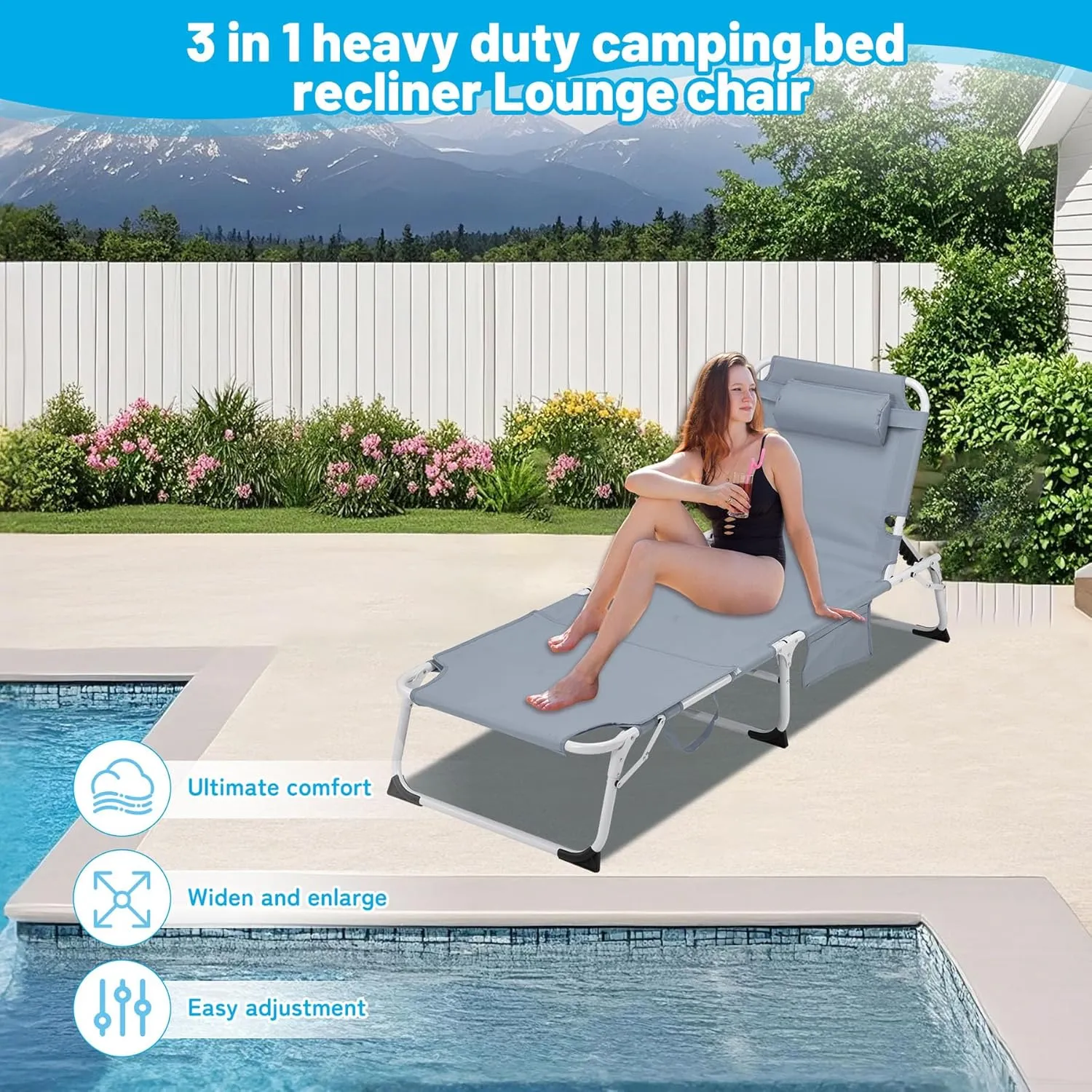 3-In-1 Tanning Chair with Face Hole, Adjustable 5-Position, Grey Folding Portable Lounger Chair for Outside, Laying Out Chairs for Tanning, Lay Flat Beach Lounge Chairs for Outdoor (1, Grey, XL)