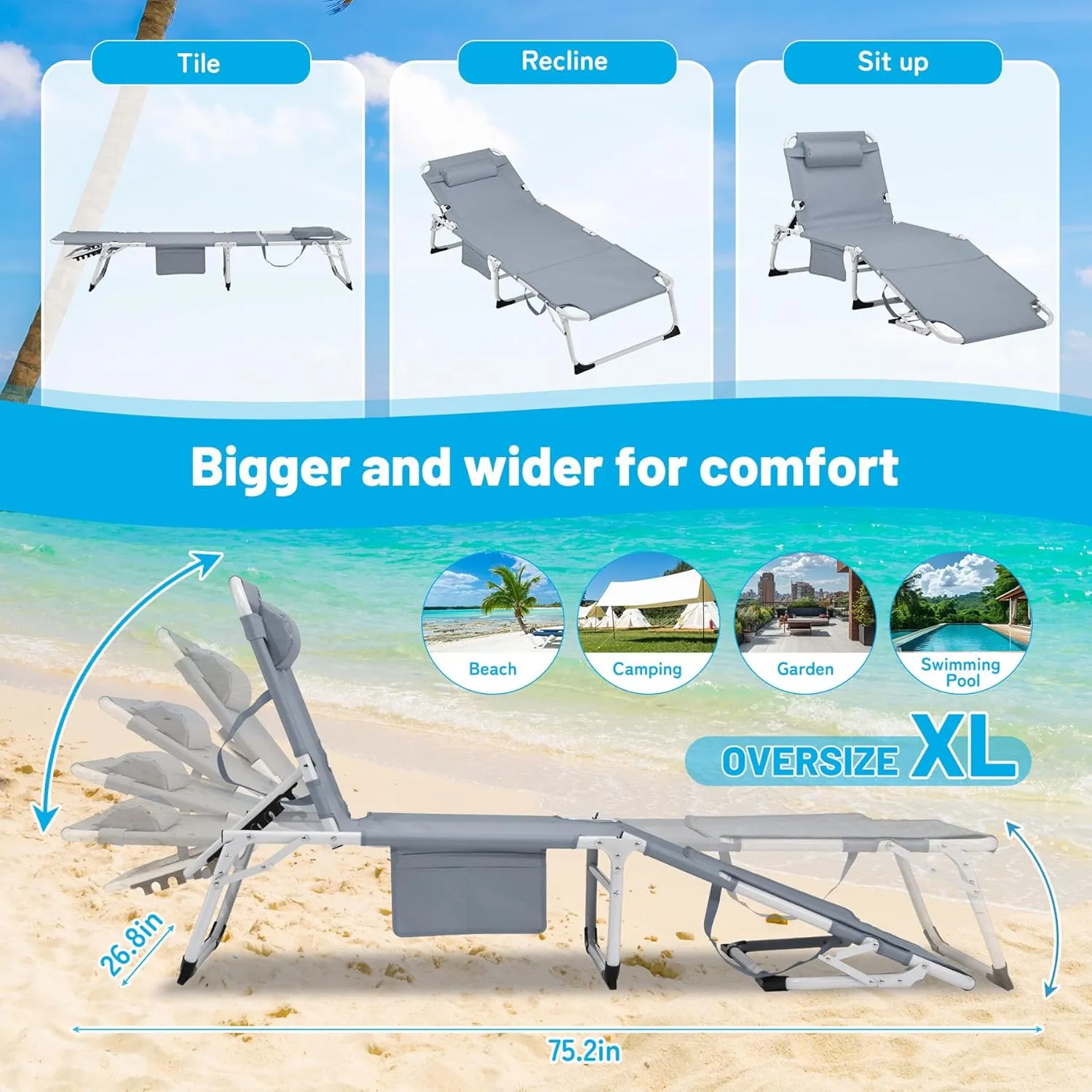 3-In-1 Tanning Chair with Face Hole, Adjustable 5-Position, Grey Folding Portable Lounger Chair for Outside, Laying Out Chairs for Tanning, Lay Flat Beach Lounge Chairs for Outdoor (1, Grey, XL)
