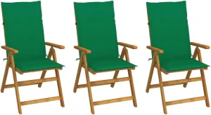 3-Piece Folding Patio Chairs with Green Cushions Solid Acacia Wood Outdoor Furniture Set for Garden Terrace and Poolside